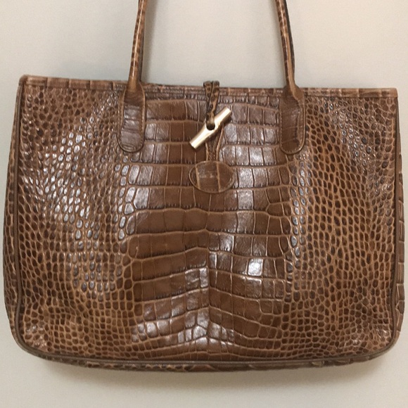 Longchamp Tan Brown Roseau Croc Embossed Leather Toggle Shopper Top Handle Bag - Picture 2 of 16